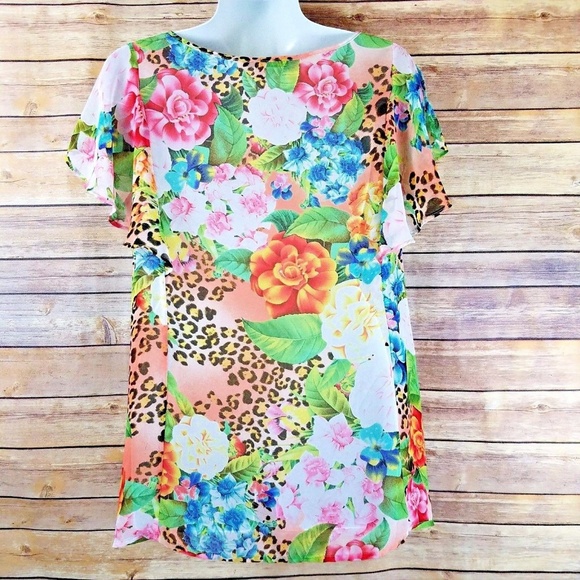 Animal Print Floral Chiffon Blouse M Flutter - Picture 3 of 8